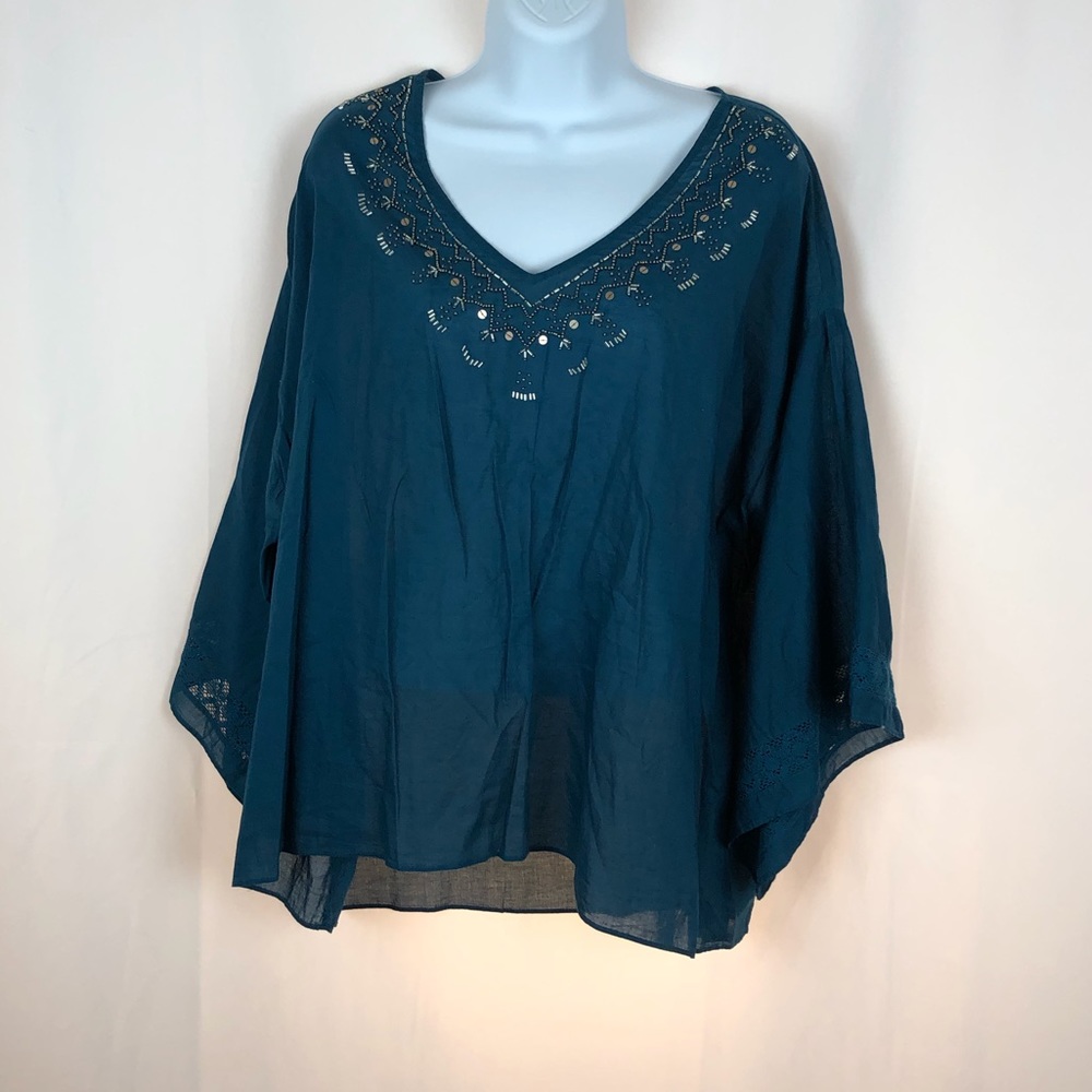 Benetton cotton embellished V-neck top NWT S